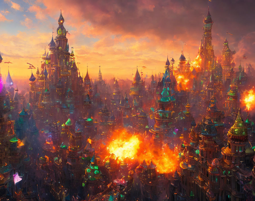 Fantasy cityscape with ornate towers in blazing inferno at sunset