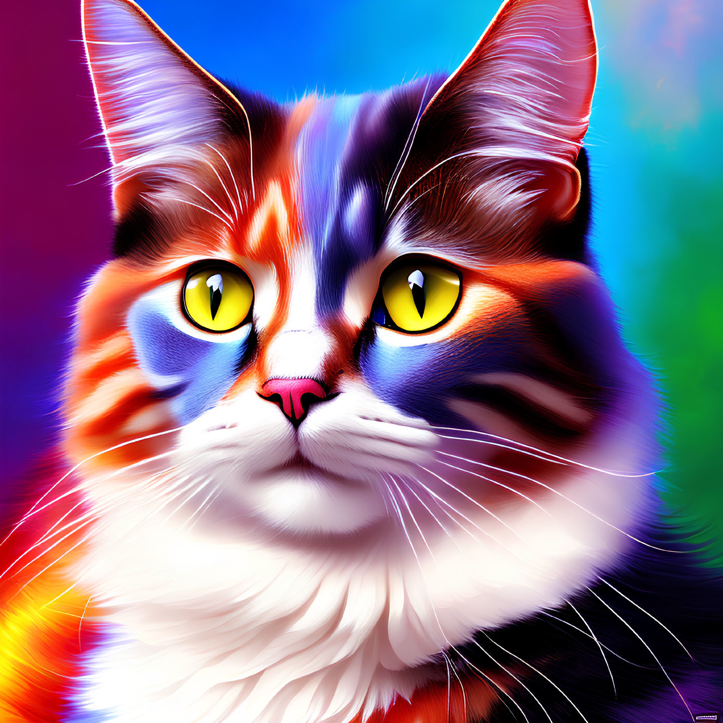 Colorful close-up digital art of cat with striking eyes and vibrant fur