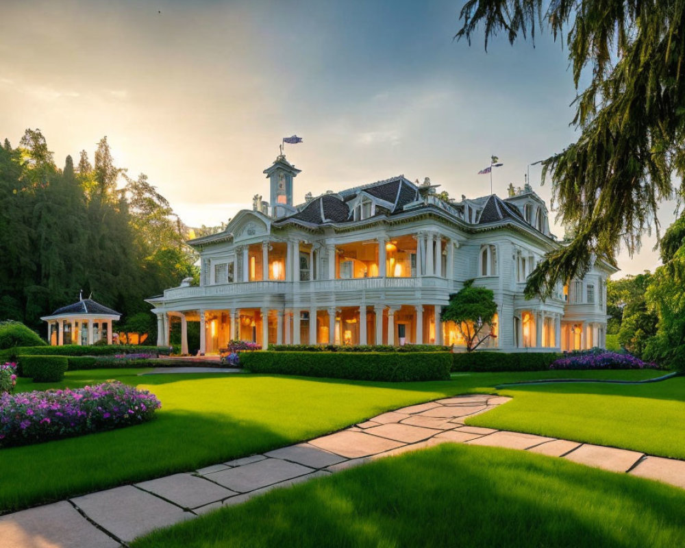 Stunning two-story white mansion with balcony in lush garden landscape