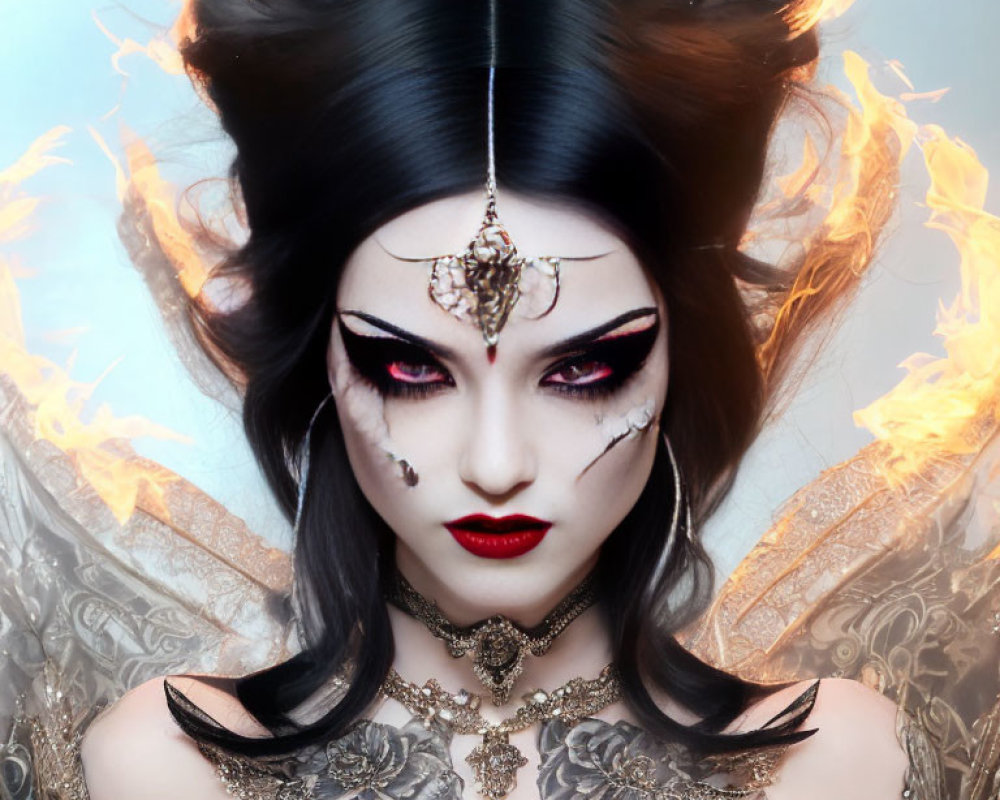 Woman with dramatic makeup and fiery hair adorned with flames and golden accessories