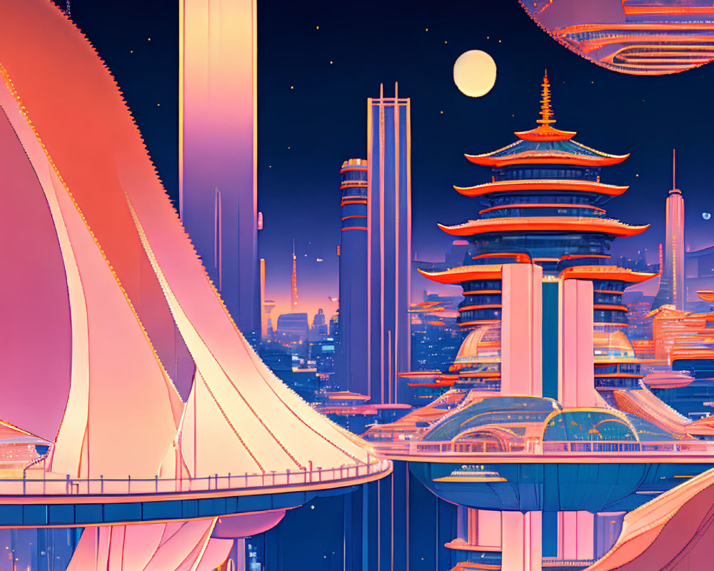 Futuristic cityscape with neon skyscrapers and pagoda-style buildings