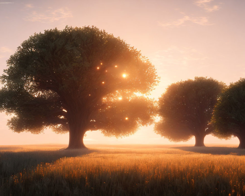 Serene grove of trees in golden sunlight on lush meadow