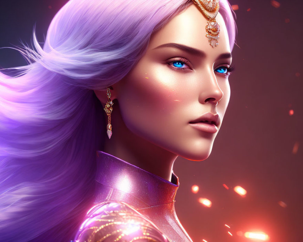 Digital artwork: Woman with lilac hair, blue eyes, gold jewelry on warm glowing background