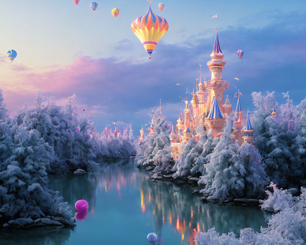 Snowy landscape with fairy-tale castle and hot air balloons