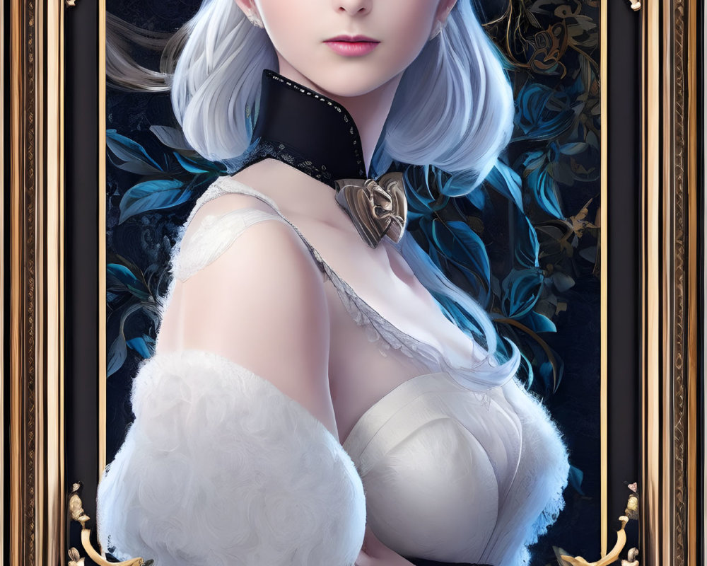 Digital portrait: Female fantasy character with white hair, pale skin, and violet eyes in golden frame