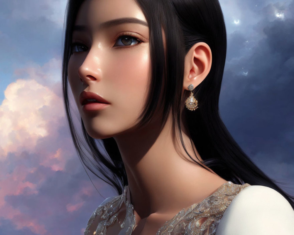 Photorealistic female portrait with dark hair and elegant earrings on cloudy sky background