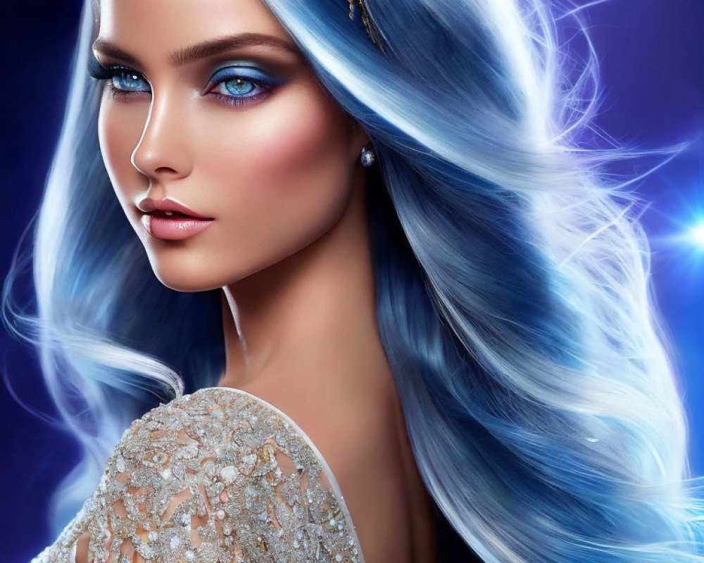 Stunning digital artwork of a woman with blue eyes and hair, wearing a gold tiara and outfit