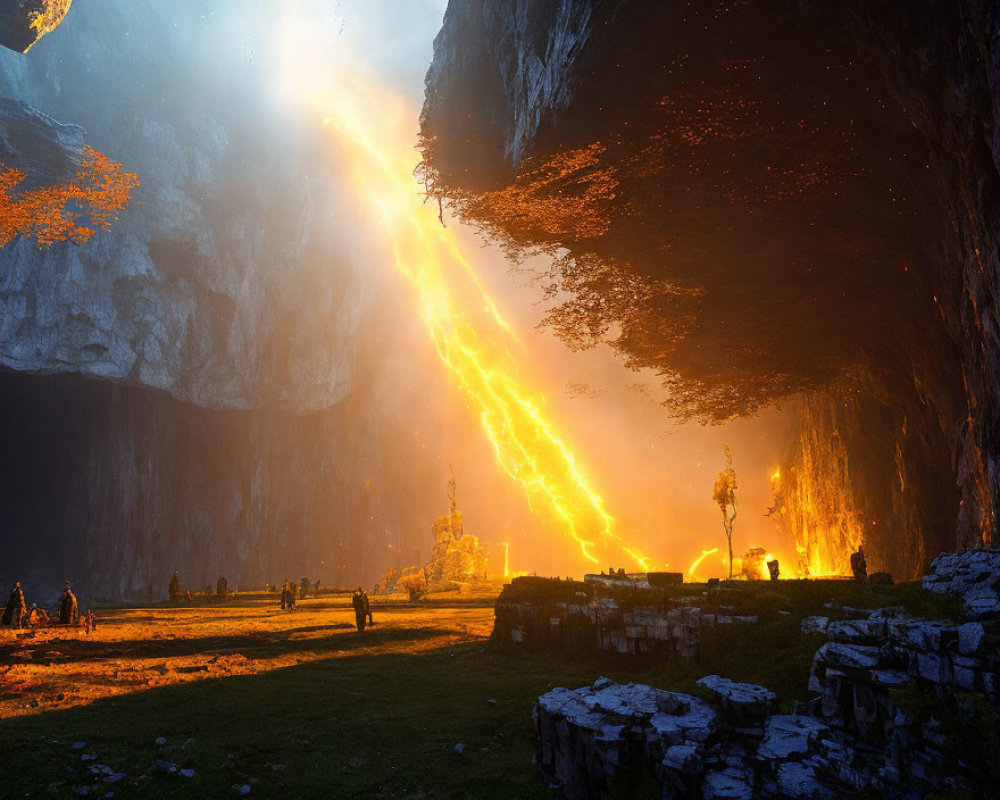 Sunlit cavernous landscape with ruins, trees, and exploring figures