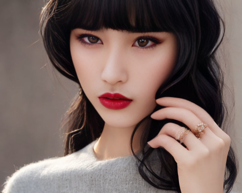 Woman with Bangs and Wavy Hair in Grey Sweater and Red Lipstick