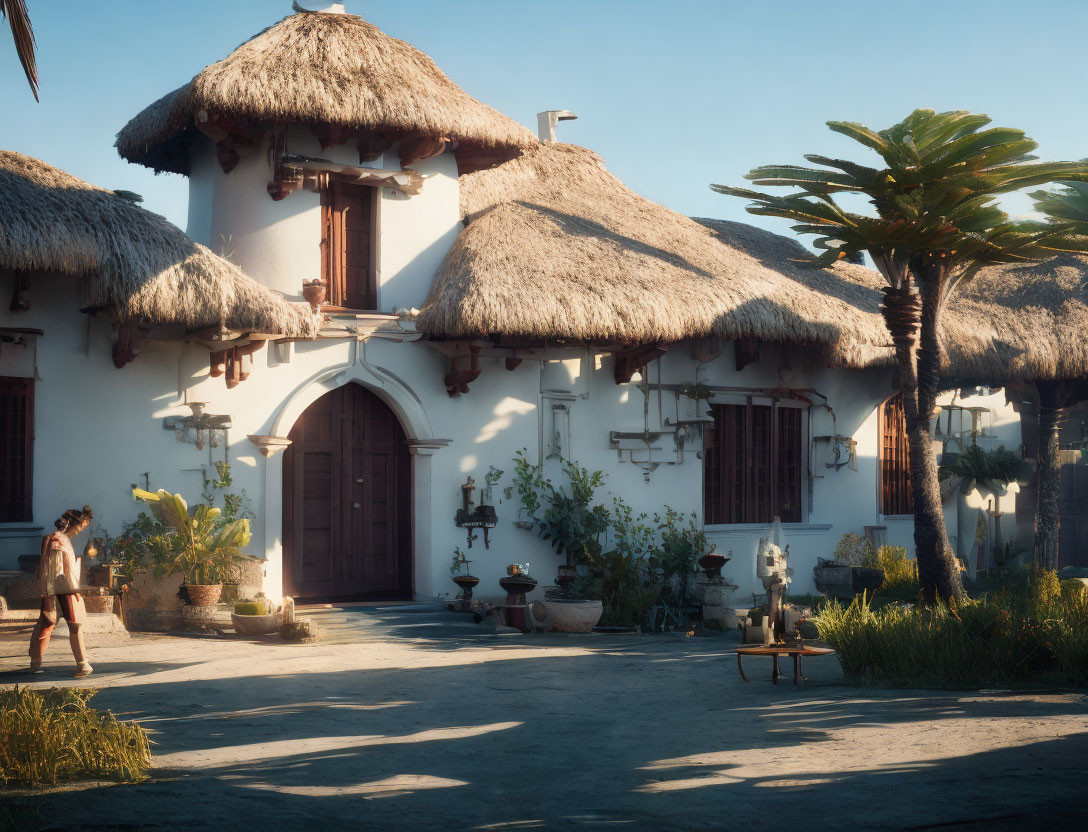 Tranquil home with thatched roof and lush surroundings