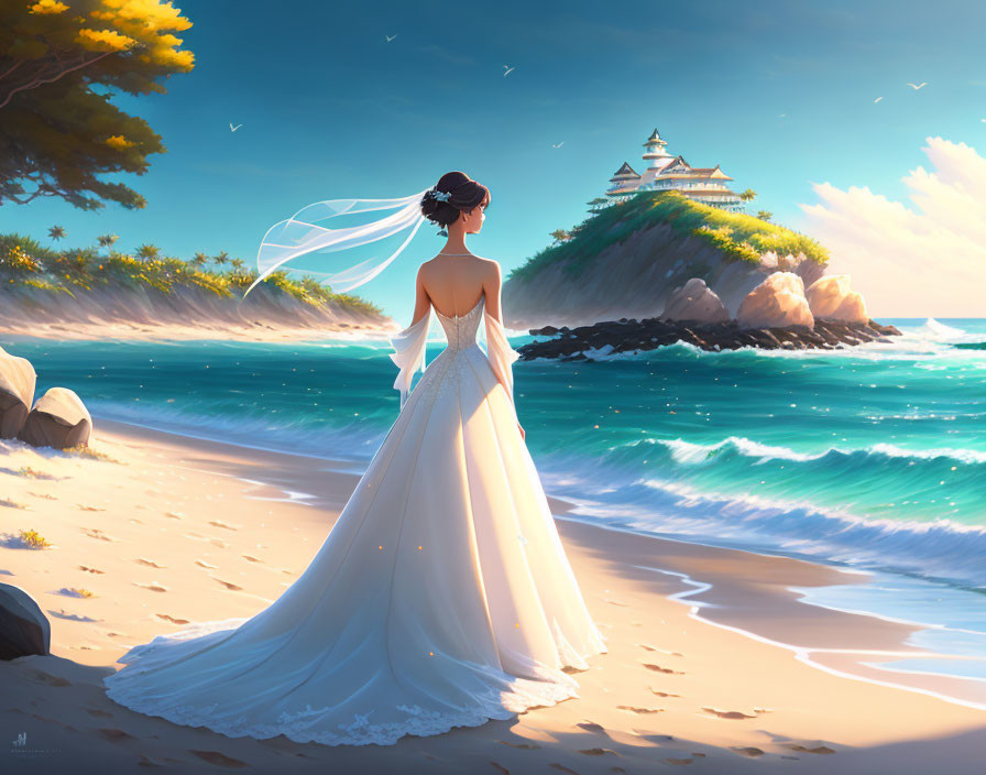 Bride in white gown on sandy beach, looking at castle on lush island