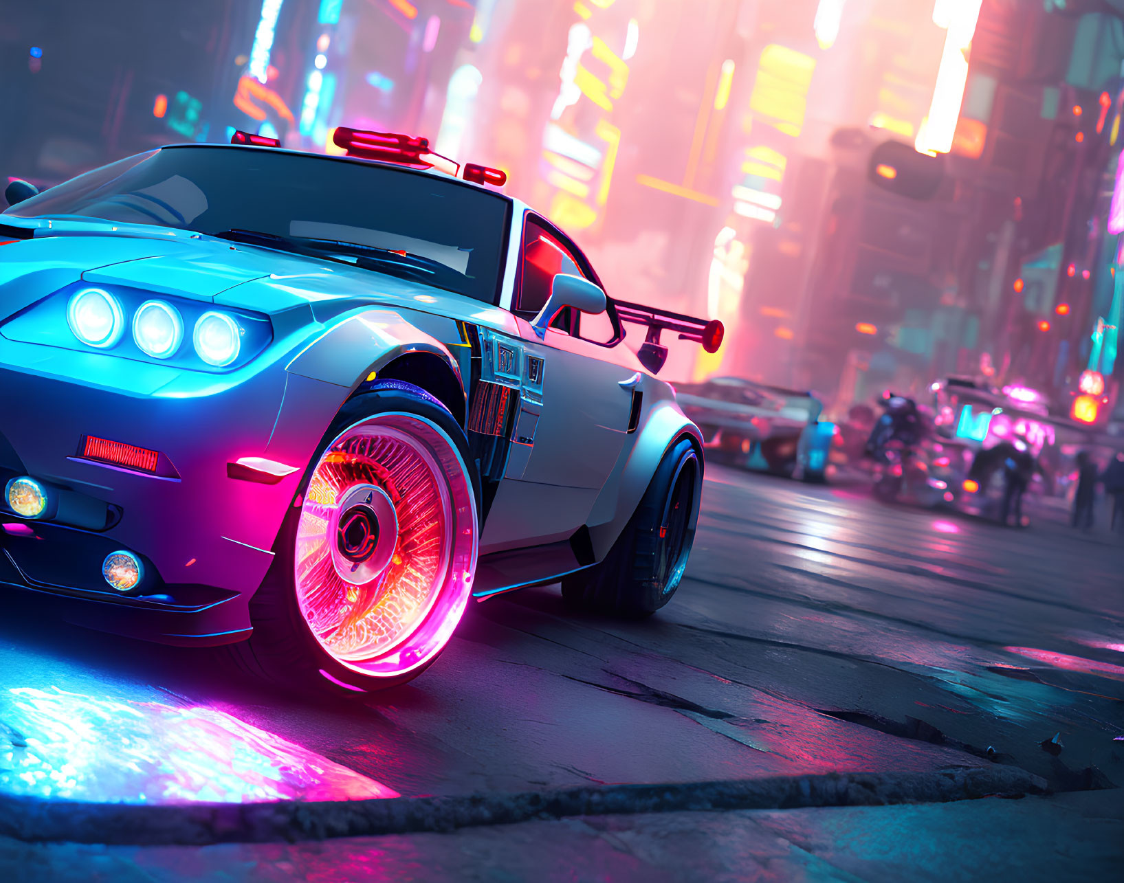 Futuristic Police Car with Glowing Wheels in Neon-lit Urban Night