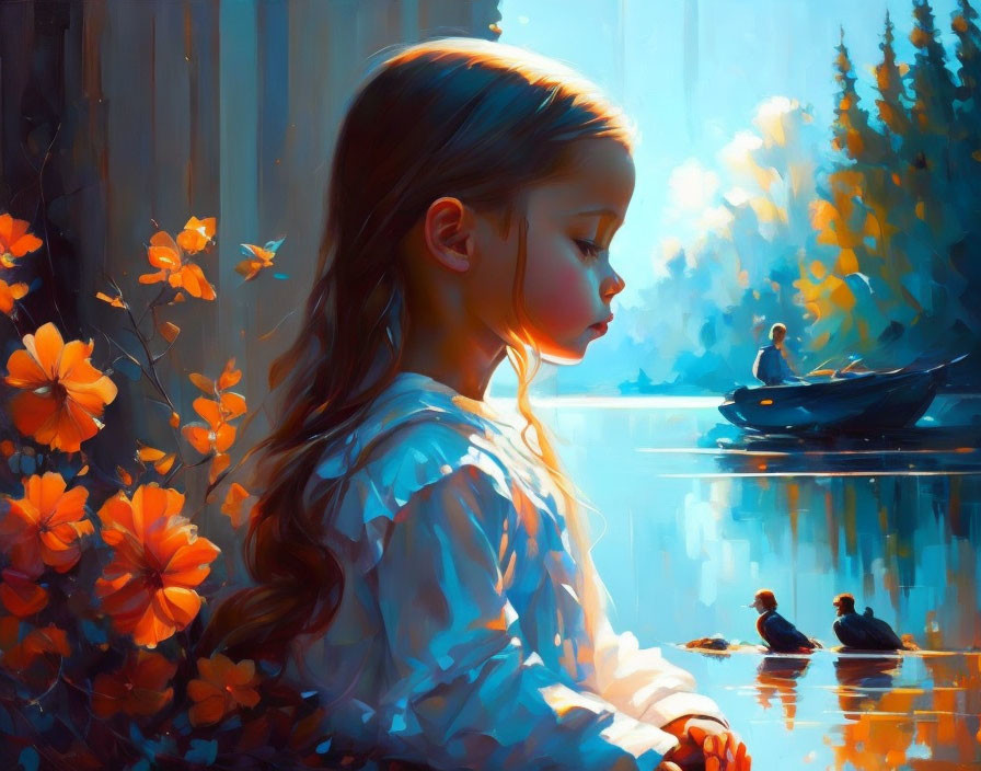 Young girl by serene lake with orange flowers, ducks, boat, and sunlit trees