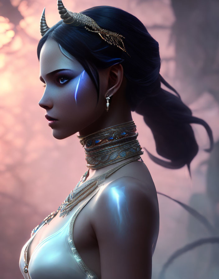 Ethereal female figure with horns and glowing blue facial markings against soft purple backdrop