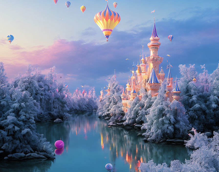 Snowy landscape with fairy-tale castle and hot air balloons