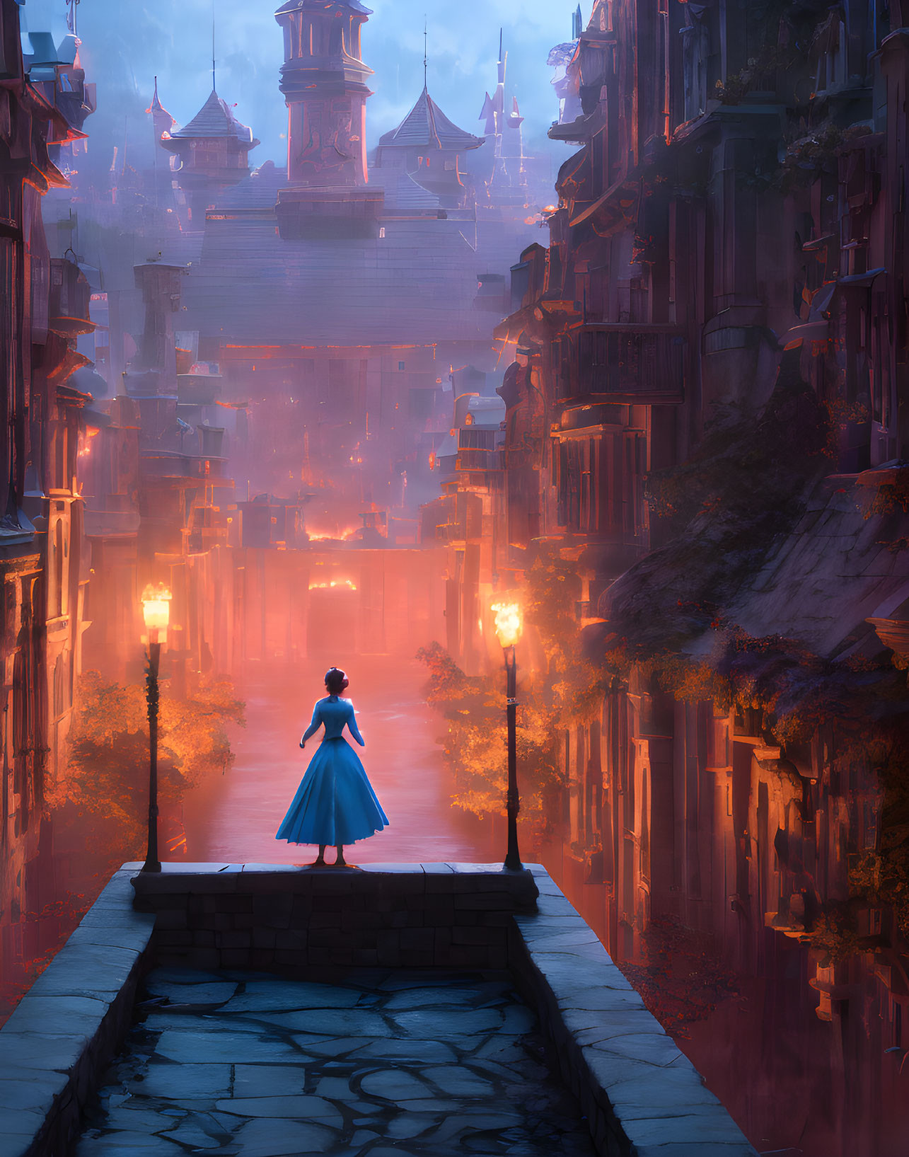 Fantastical cityscape with figure in blue cloak