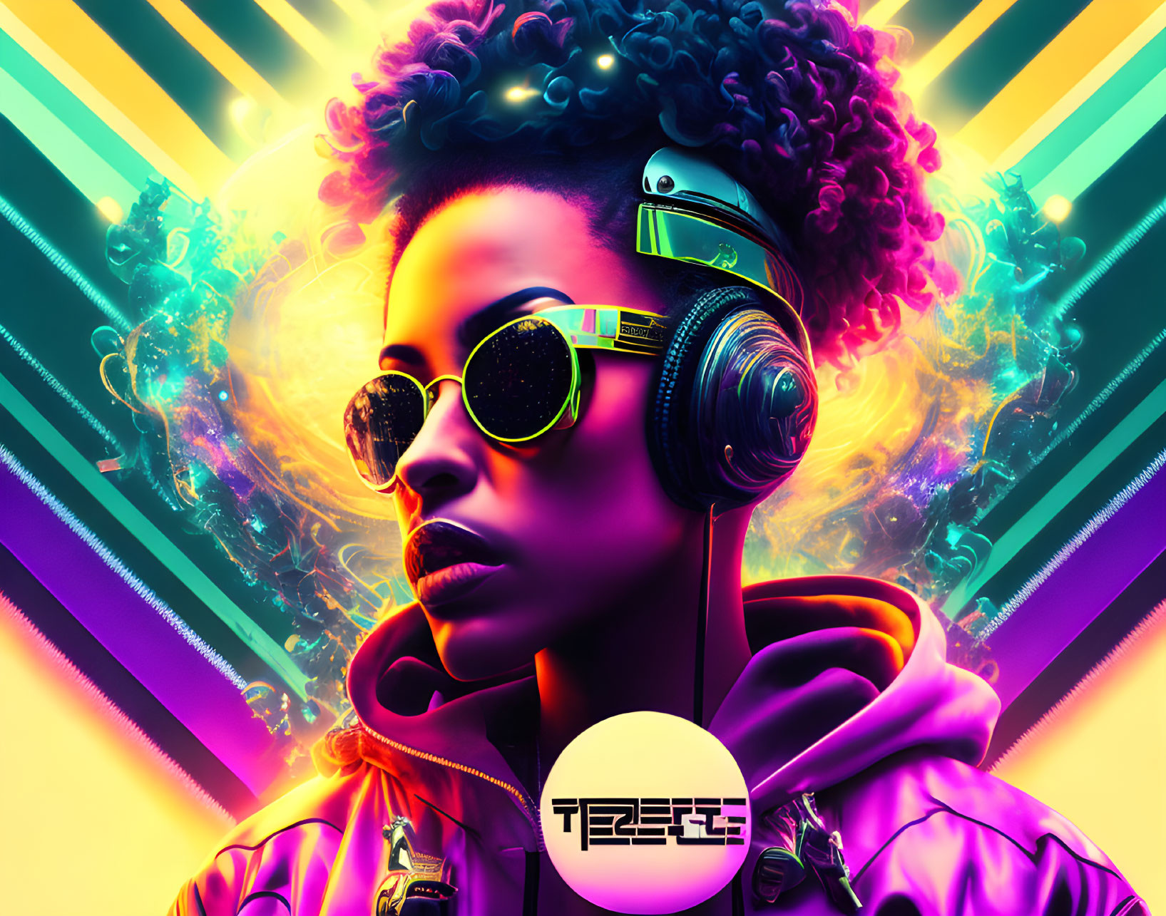 Colorful Digital Artwork: Person with Afro, Sunglasses, and Headphones on Neon Background