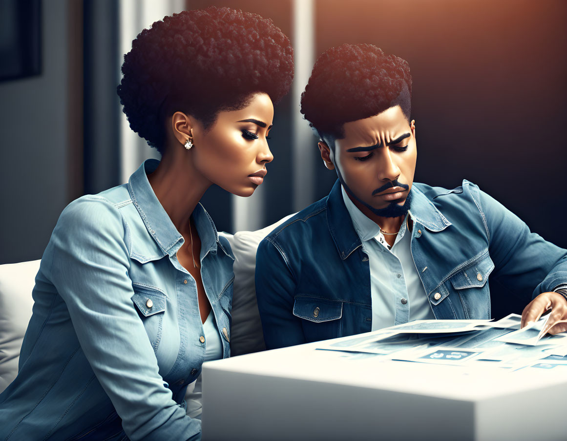 Two individuals in denim attire with similar hairstyles focused on documents at a table