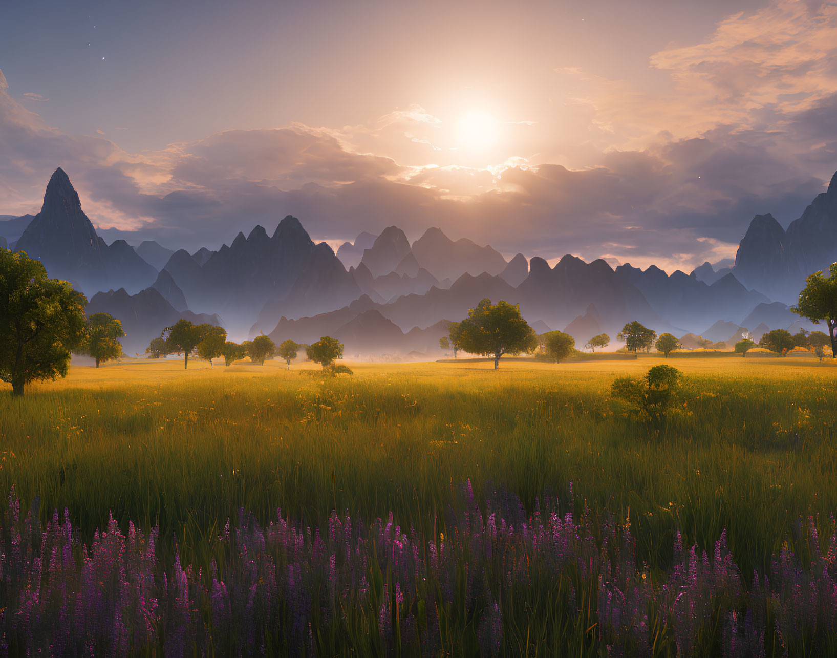 Tranquil sunset landscape with purple flowers, trees, and mountains