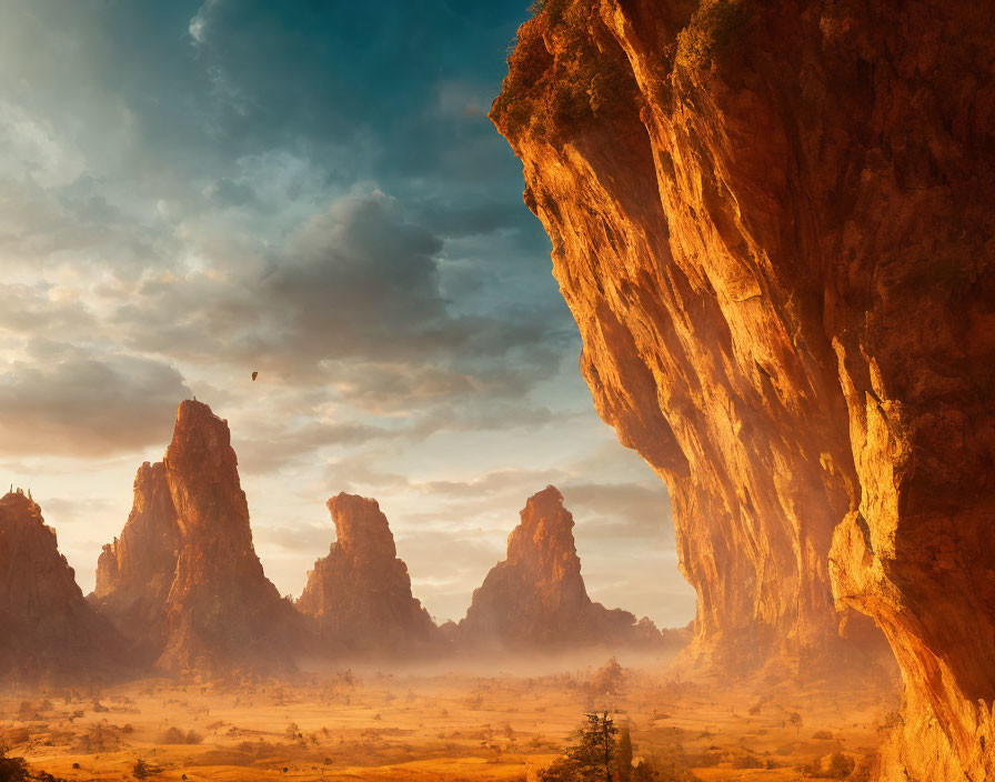 Majestic desert landscape with towering rock formations at sunset