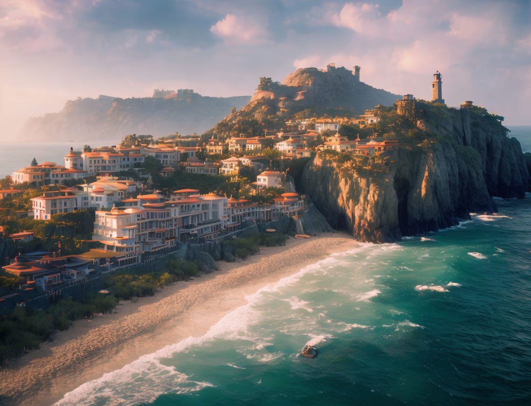 Scenic coastal town at sunset with lighthouse and cliffs