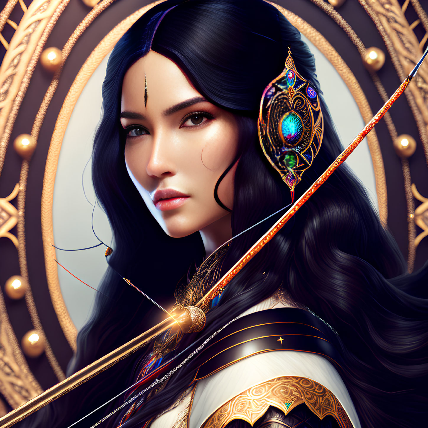 Digital artwork featuring woman in ornate armor with glowing staff