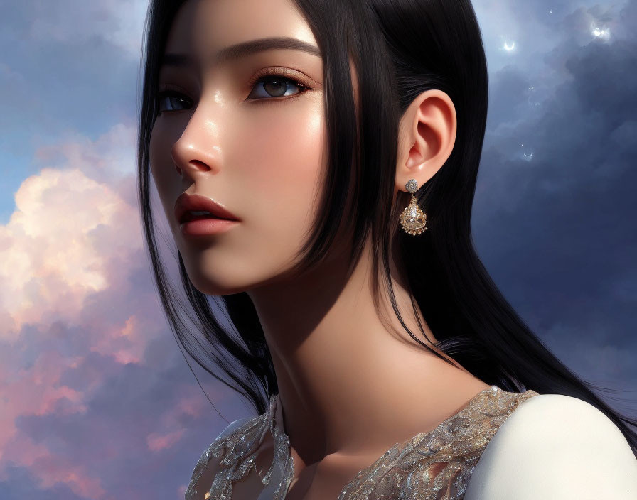 Photorealistic female portrait with dark hair and elegant earrings on cloudy sky background