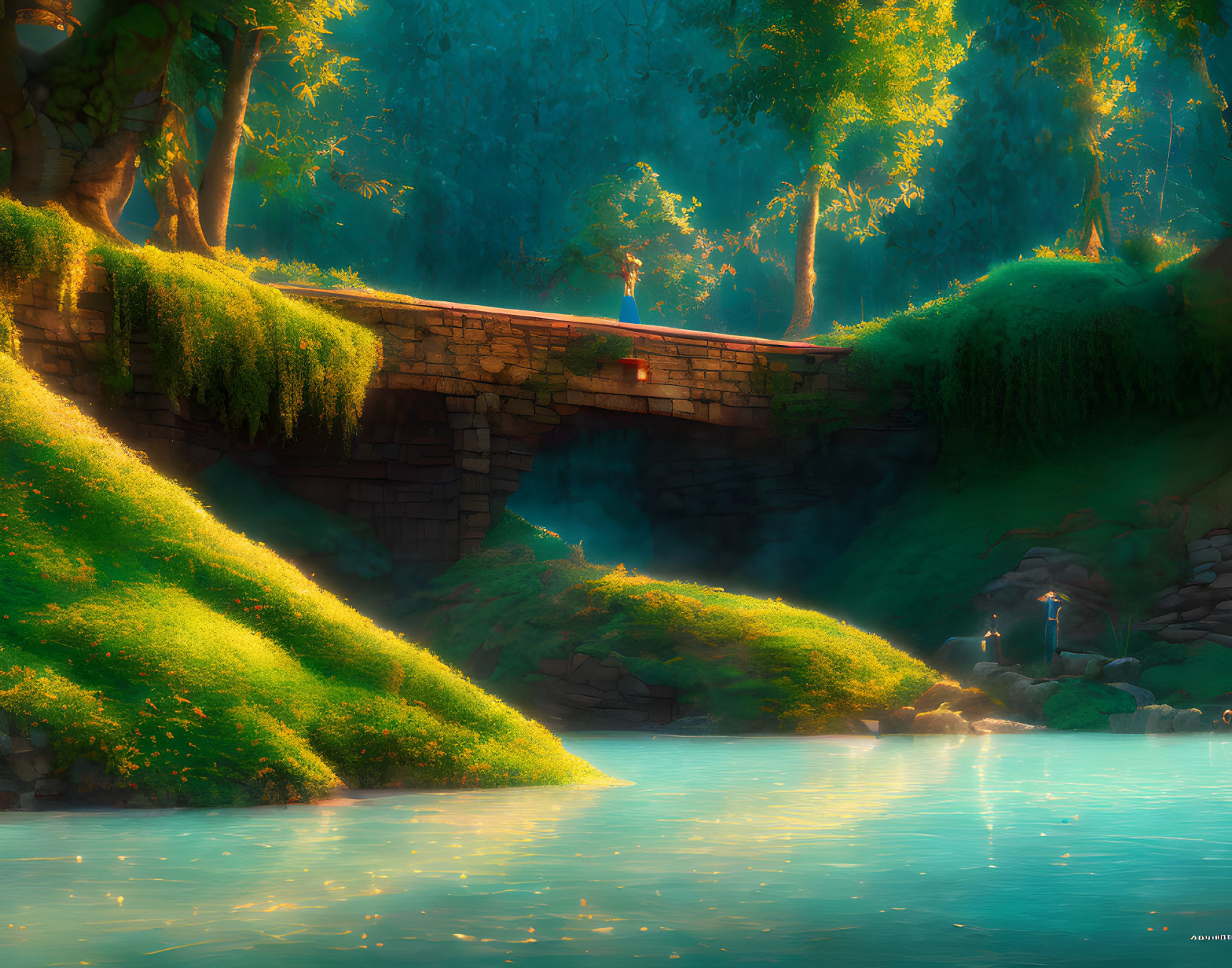 Tranquil river scene with stone bridge and lush greenery