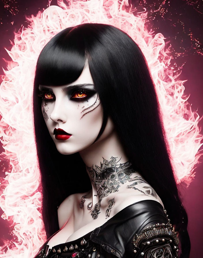 Pale-skinned woman with dark hair and gothic makeup against pink backdrop