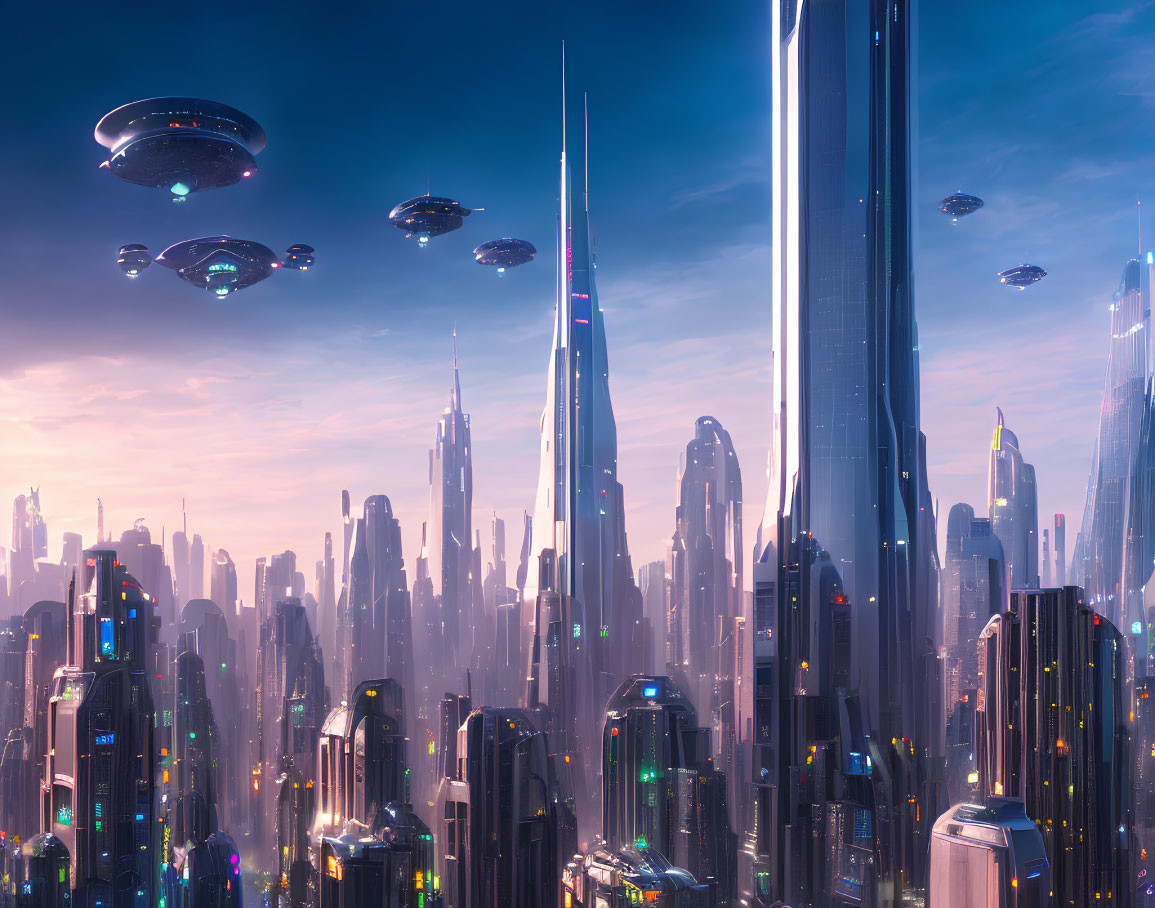 Futuristic cityscape with skyscrapers and flying vehicles in vibrant sky