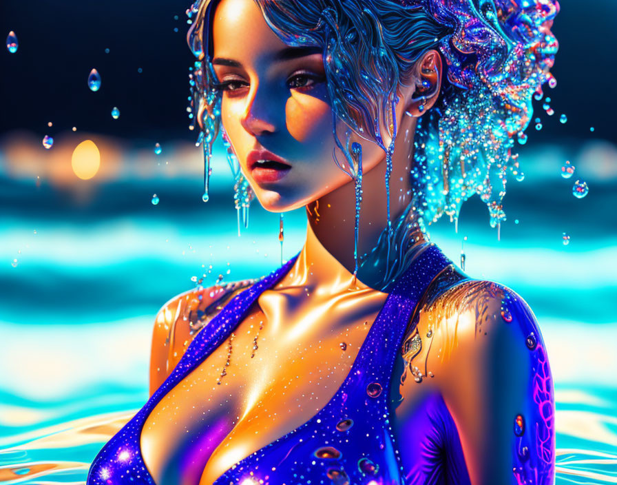 Surreal digital artwork of a woman with water and light reflections