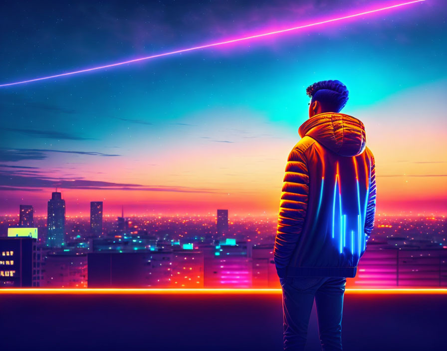 Urban skyline at dusk with person gazing at neon-lit cityscape