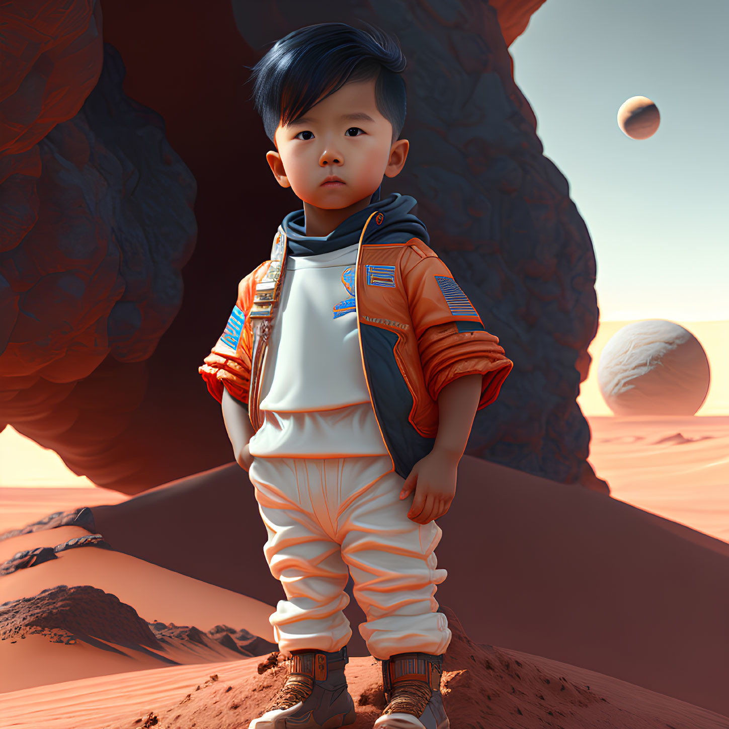 Child in futuristic astronaut outfit on Mars-like landscape with two moons