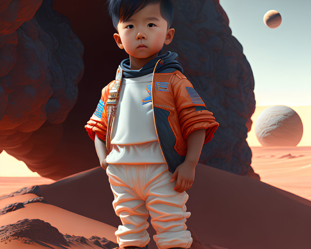 Child in futuristic astronaut outfit on Mars-like landscape with two moons