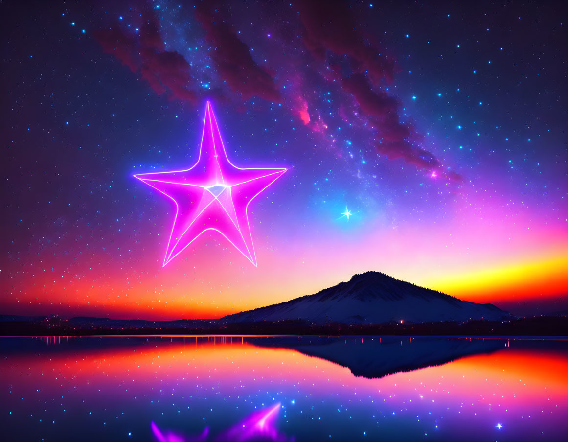 Colorful sunset with neon star, mountain silhouette, and starry sky reflection.