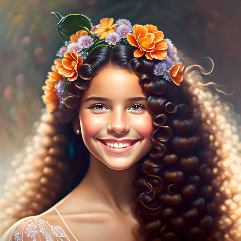 Smiling young girl with curly hair in vibrant floral crown