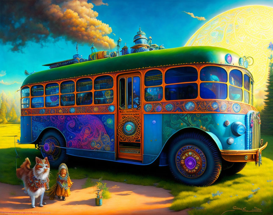 Vintage bus with vibrant colors in surreal setting with dog, figurine, and ornate moon