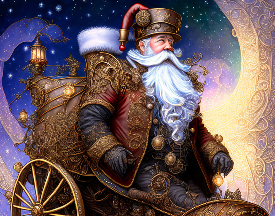 Illustrated Santa Claus in elaborate golden costume with magical backdrop and vintage sleigh