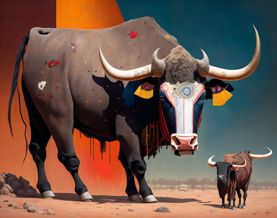 Colorfully decorated large bull faces smaller bull in desert scene