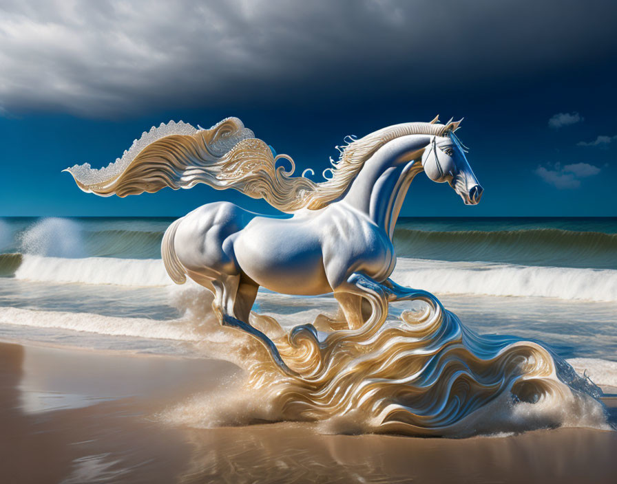 Fantastical white horse with golden mane blending with waves on sandy beach