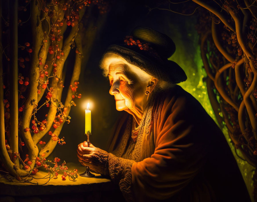 Elderly Person Surrounded by Vines and Berries in Candlelight