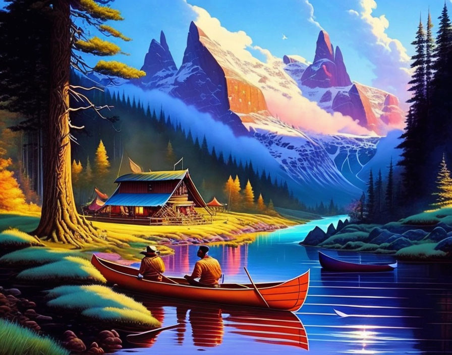 Canoeing on tranquil lake near cabin, mountains, forests under vibrant sky