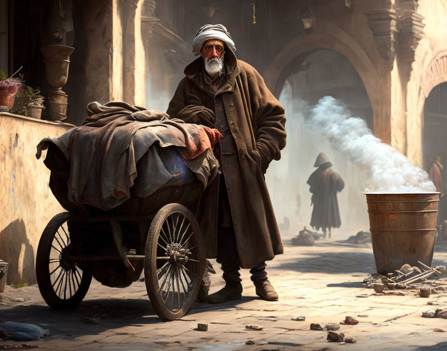 Elderly man pushing cart on dusty street with smoking bucket & silhouetted figures