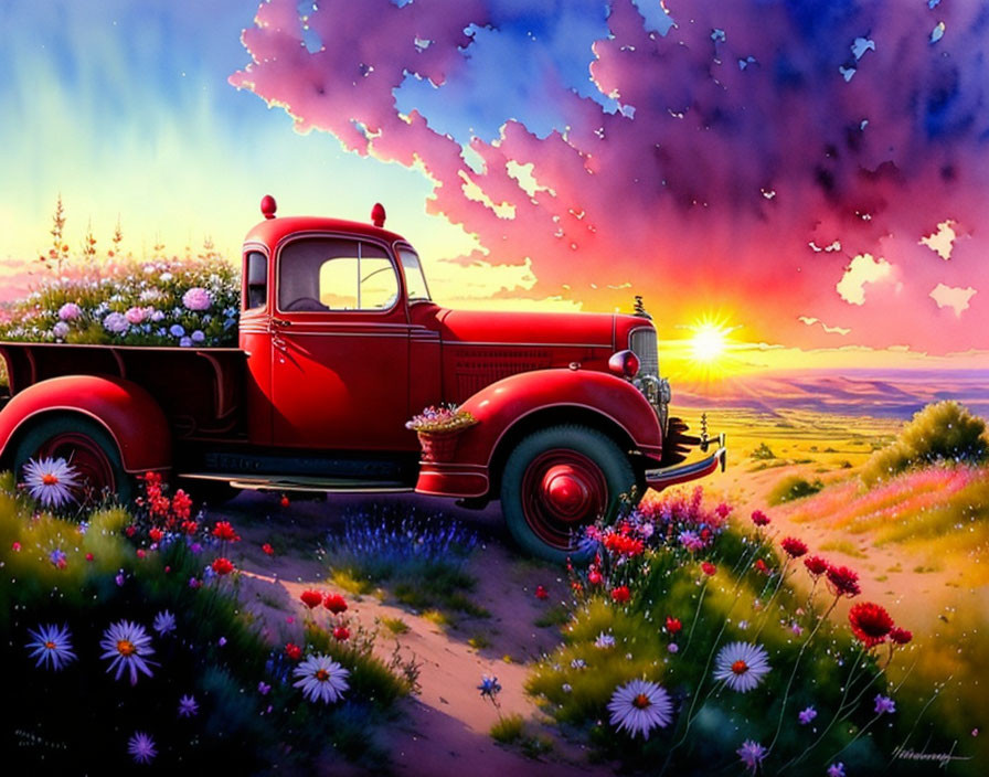 Vintage Red Truck with Flowers in Vibrant Countryside Meadow at Sunset