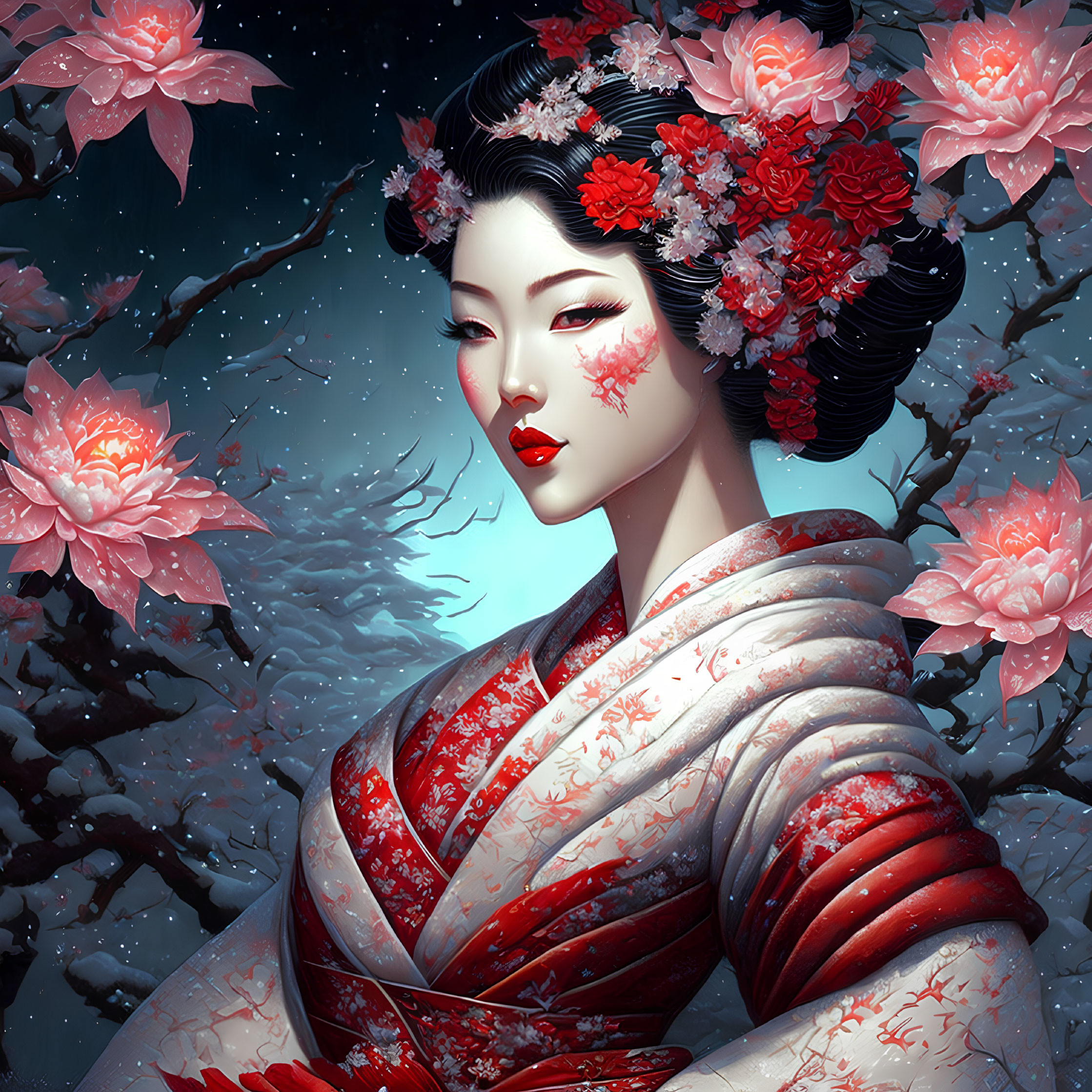 Digital artwork: Woman in Japanese attire with floral decorations, cherry blossoms backdrop.