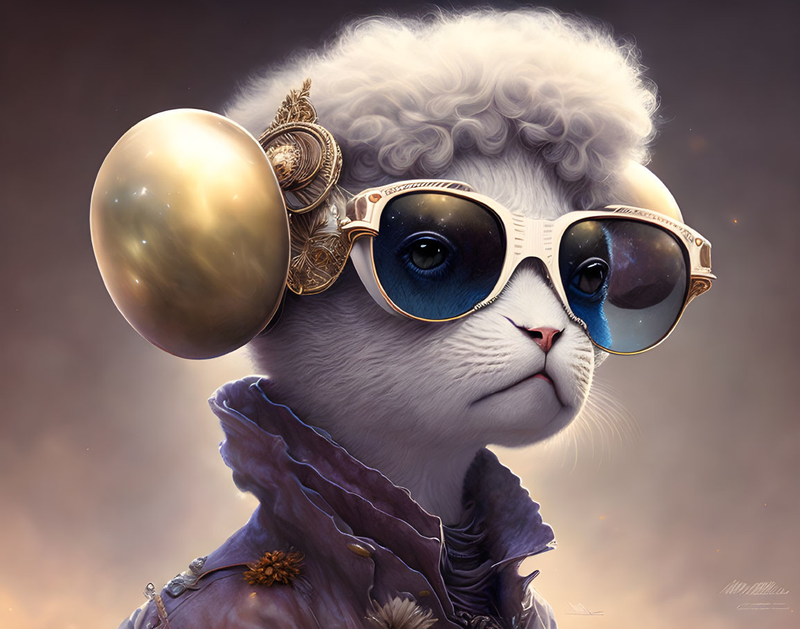 Stylized sheep with human-like eyes in aviator glasses and vintage headset