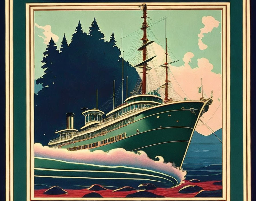 Vintage Green and Black Steamship Poster with Art Deco Border