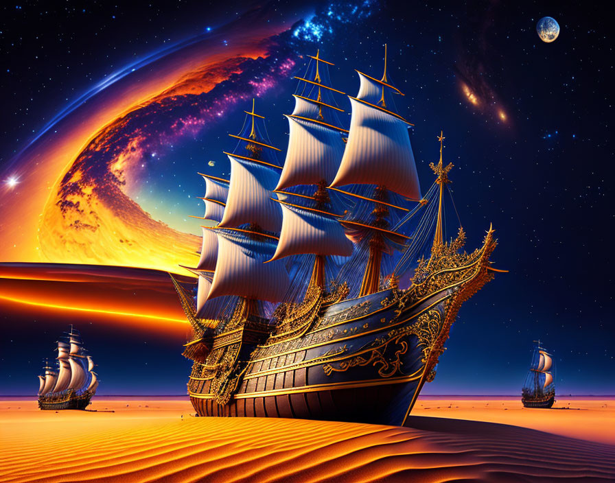 Surreal desert landscape with ornate sailing ships under large planet and moon