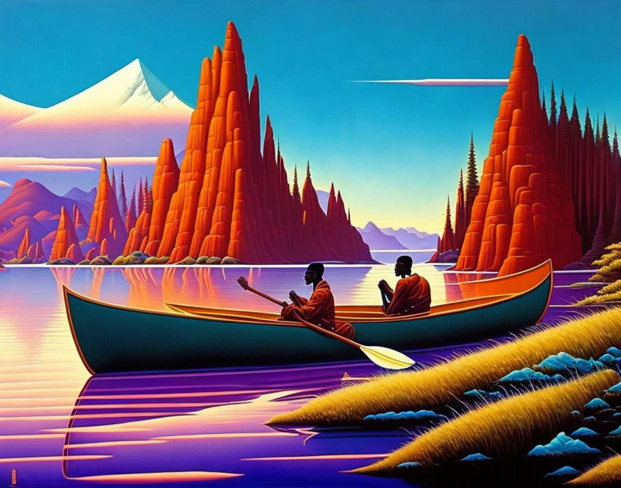 Canoeing on Reflective Purple Water with Vibrant Landscape Background