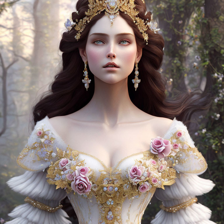 Digital portrait of woman in gold headpiece, white dress, roses, and forest backdrop